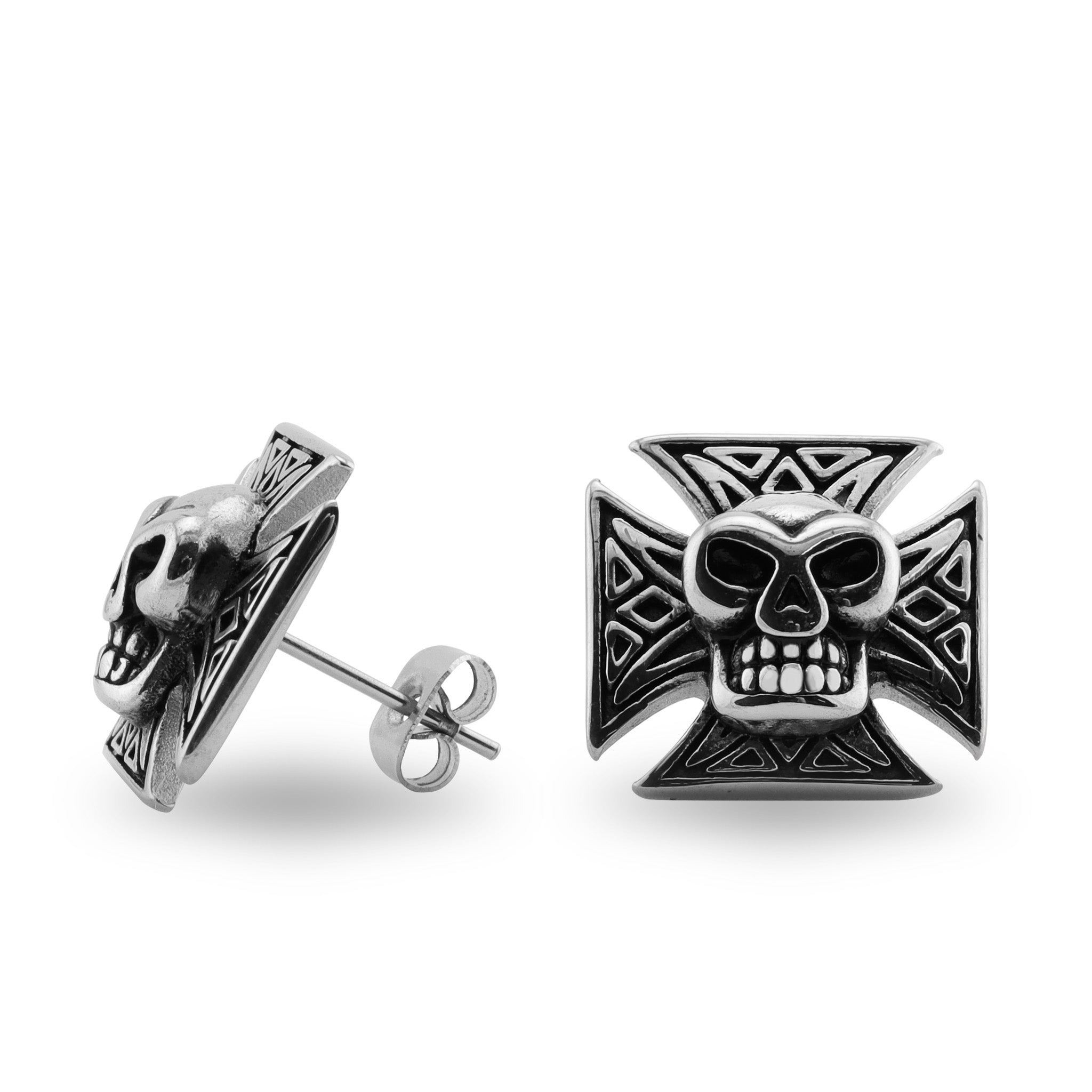 Stainless Steel Maltese Cross Skull Post Earrings