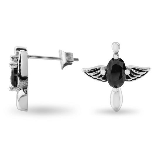 Black CZ Center With Wings Stainless Steel Earrings