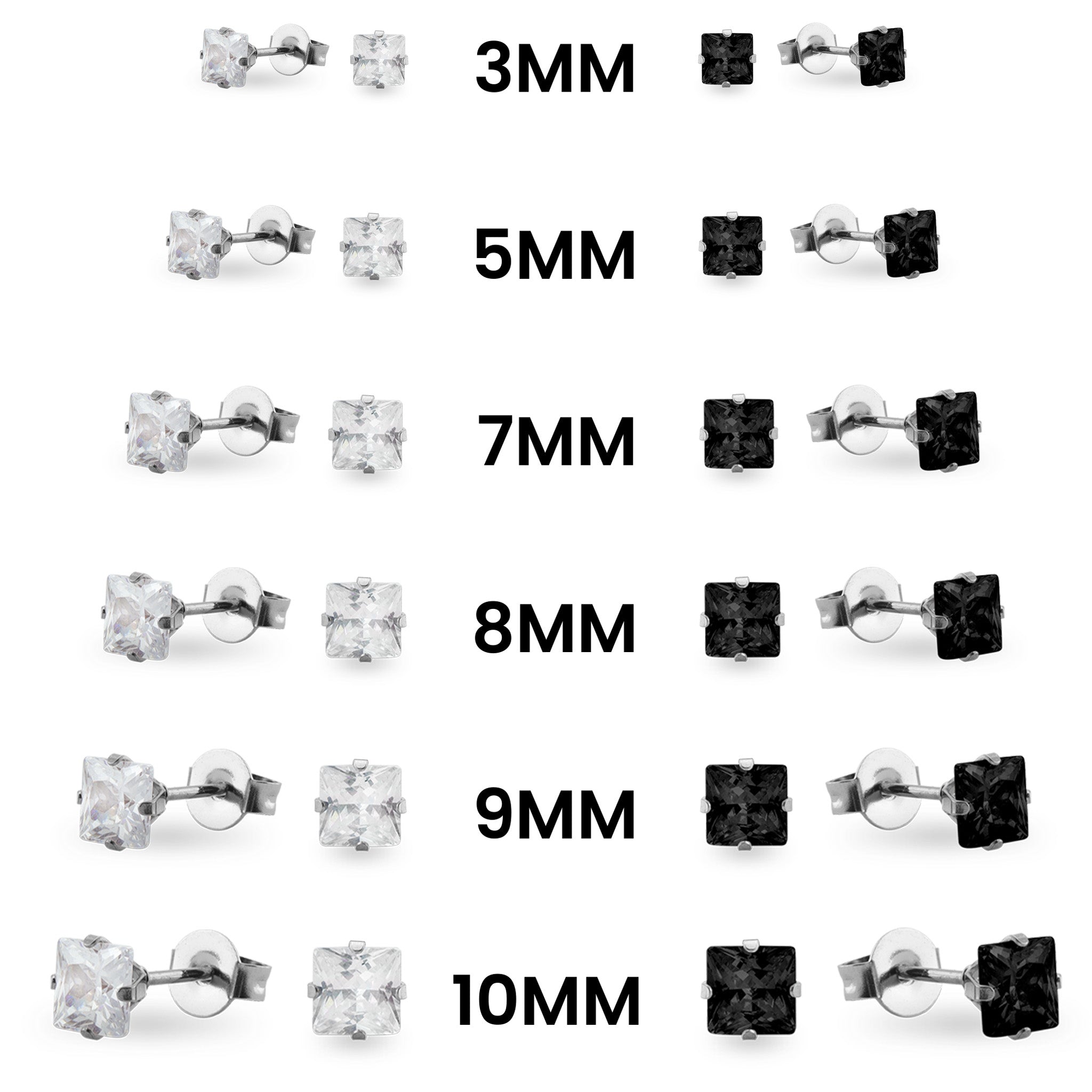 Stainless Steel Clear/Black Square CZ Stud Earrings