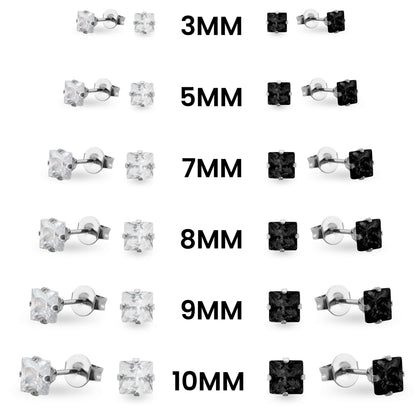 Stainless Steel Clear/Black Square CZ Stud Earrings