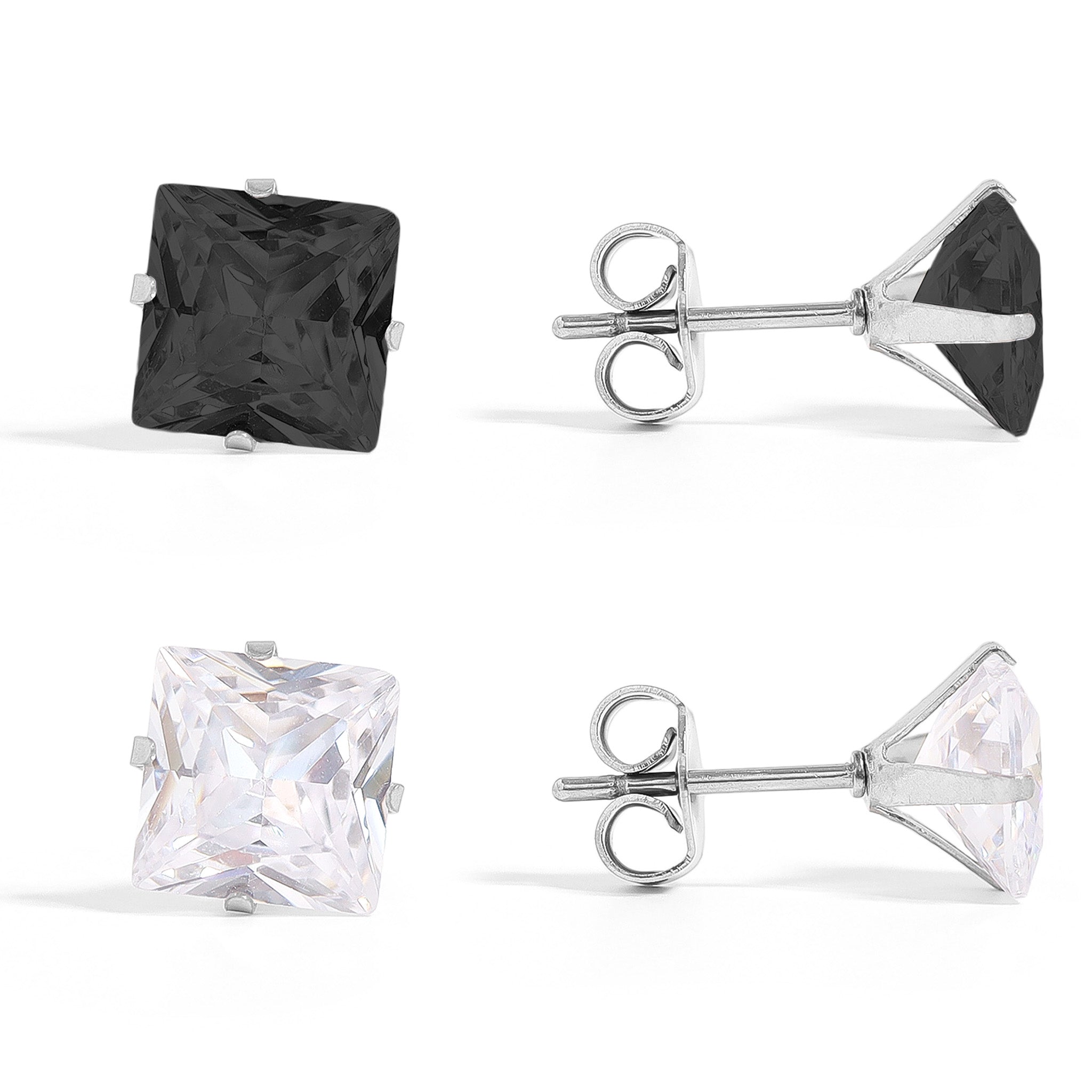 Stainless Steel Clear/Black Square CZ Stud Earrings