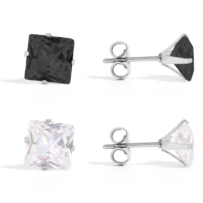 Stainless Steel Clear/Black Square CZ Stud Earrings