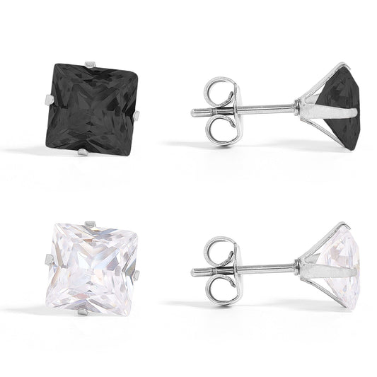 Stainless Steel Clear/Black Square CZ Stud Earrings