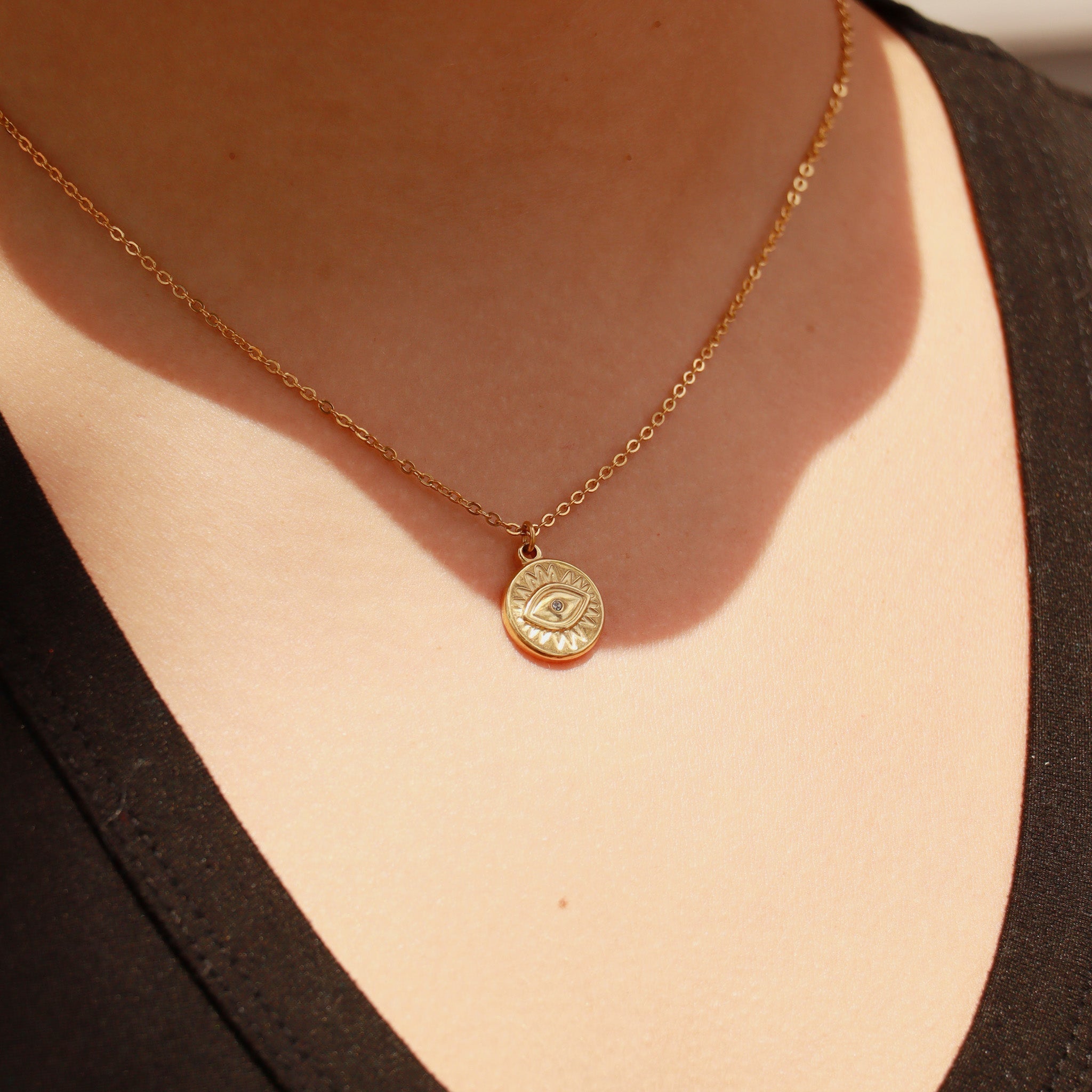 18K Gold PVD Stainless Steel Crystal Evil Eye Sun Disc Charm