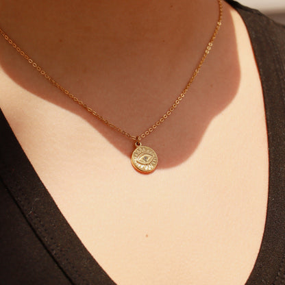 18K Gold PVD Stainless Steel Crystal Evil Eye Sun Disc Charm
