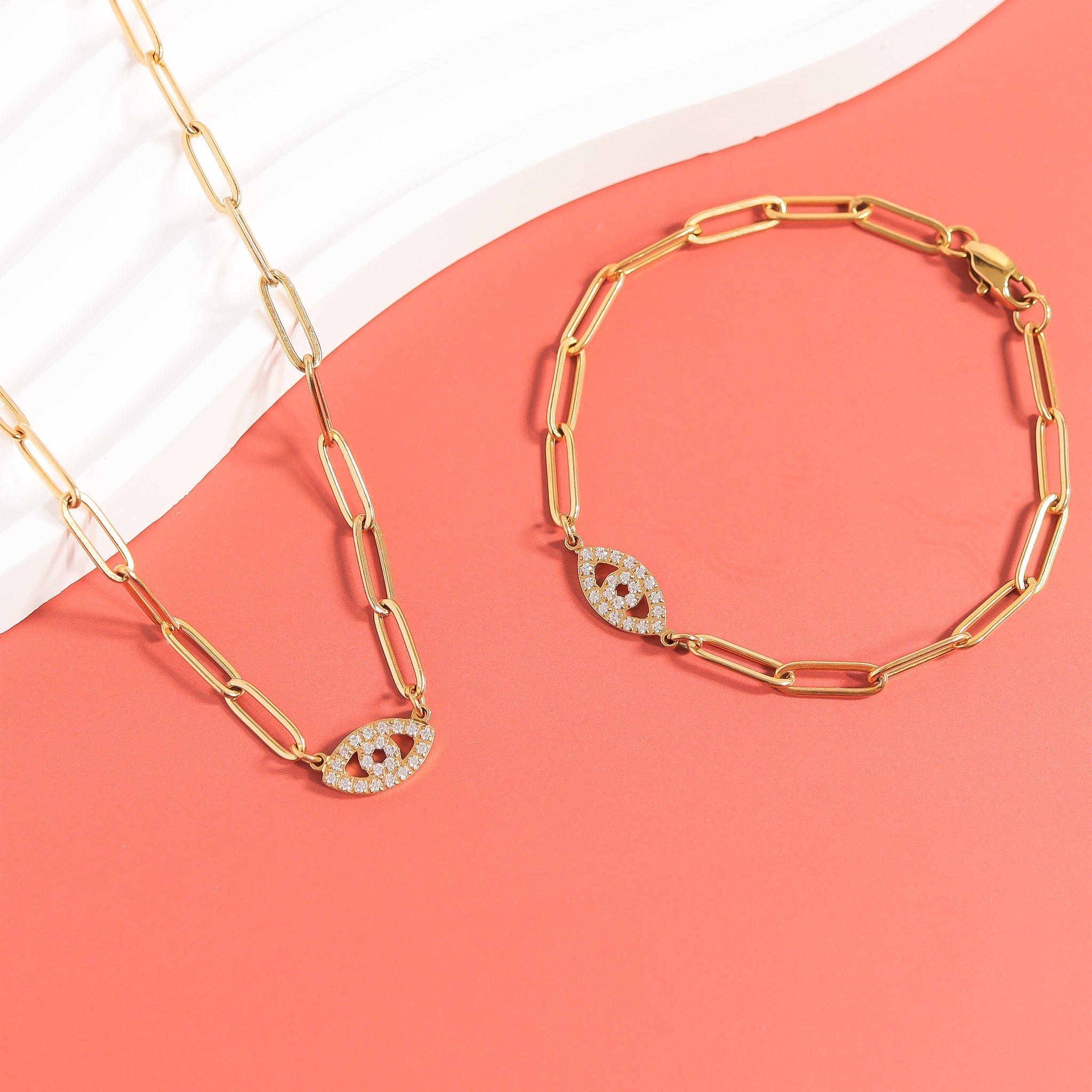 18K Gold PVD Stainless Steel Stone "Evil Eye" Paperclip Chain Necklace
