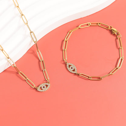 18K Gold PVD Stainless Steel Stone "Evil Eye" Paperclip Chain Necklace