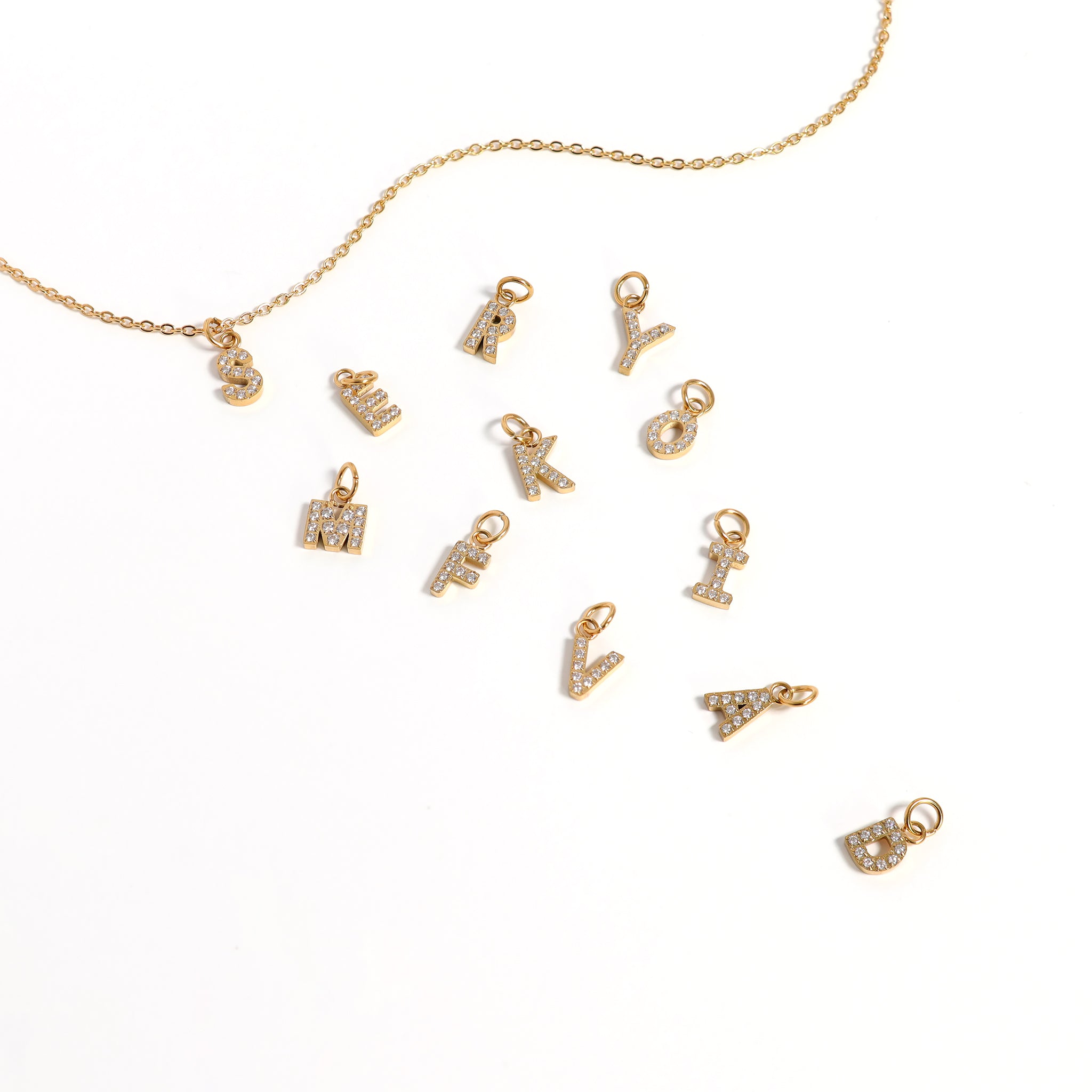 18K Gold PVD Stainless Steel Pave Set CZ Initial Letter Charms