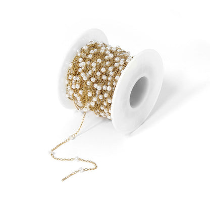 18K PVD Stainless Steel Faux Pearl Cable Chain By The Foot