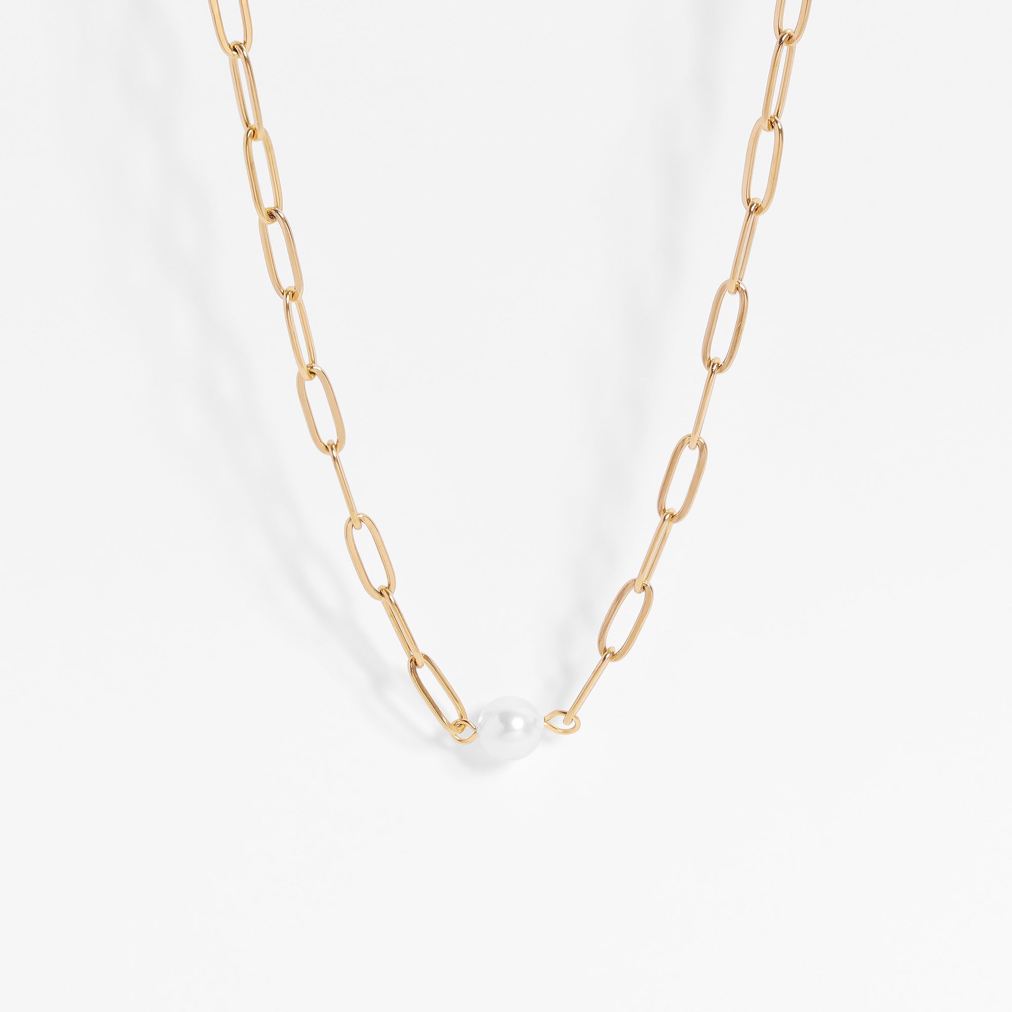 18K Gold PVD Stainless Steel Paperclip Necklace With Pearl