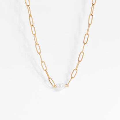 18K Gold PVD Stainless Steel Paperclip Necklace With Pearl