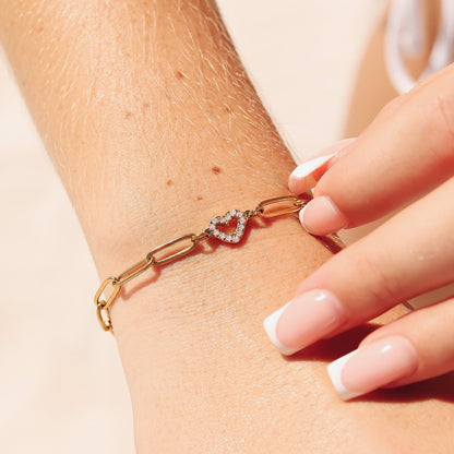 18K Gold PVD Stainless Steel Stone "Heart" Paperclip Chain Bracelet