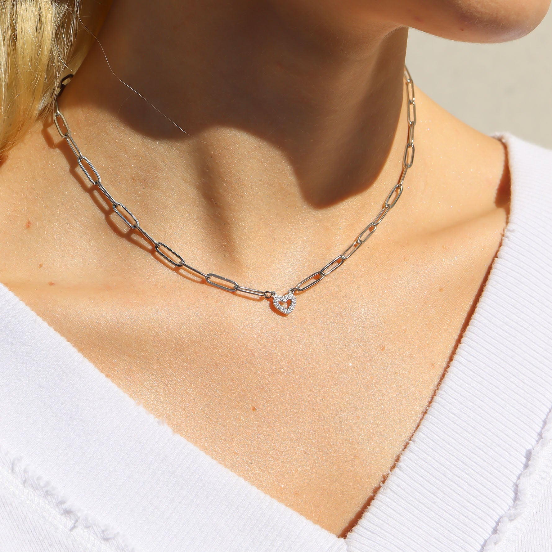 18K Gold PVD Stainless Steel Stone Heart Paperclip Chain Set