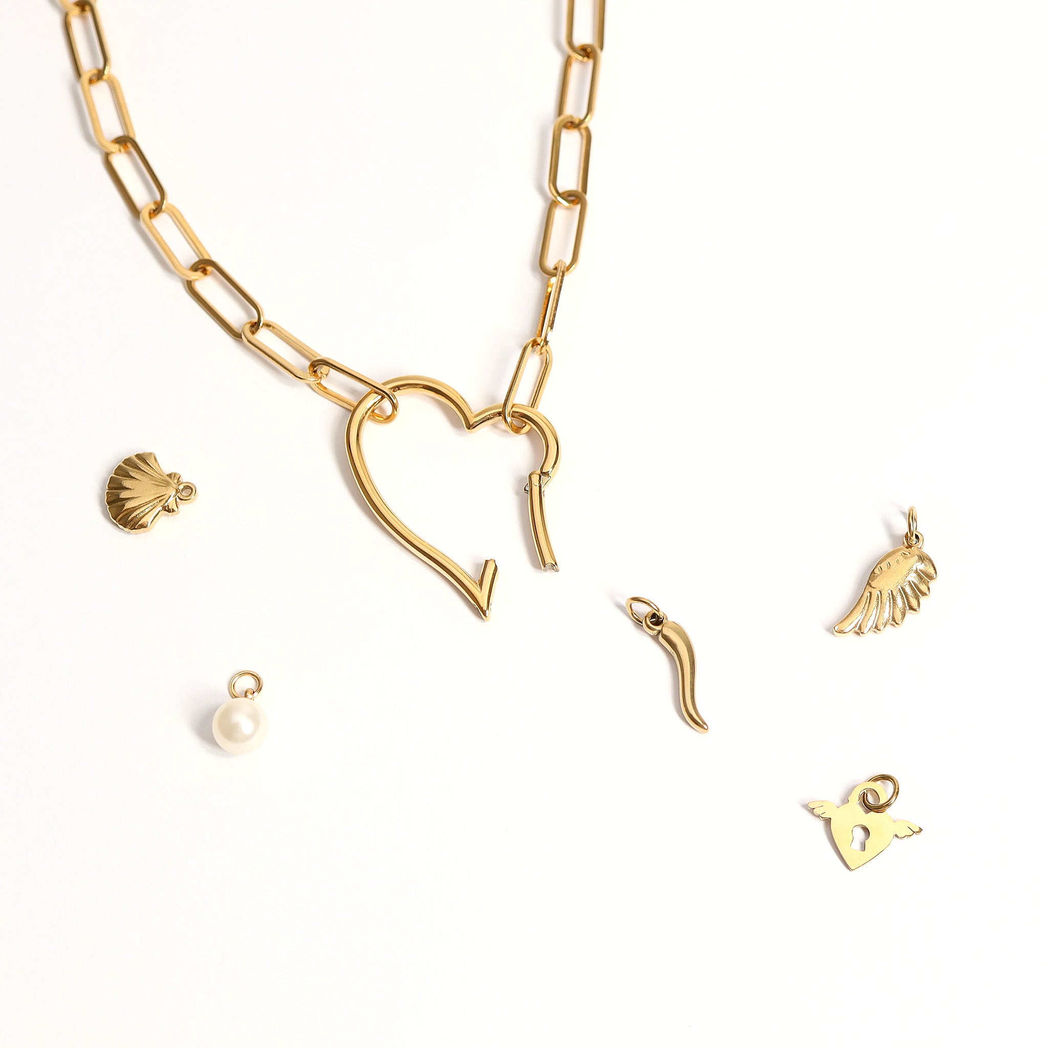 18K Gold PVD Stainless Steel Winged Heart Lock Charm