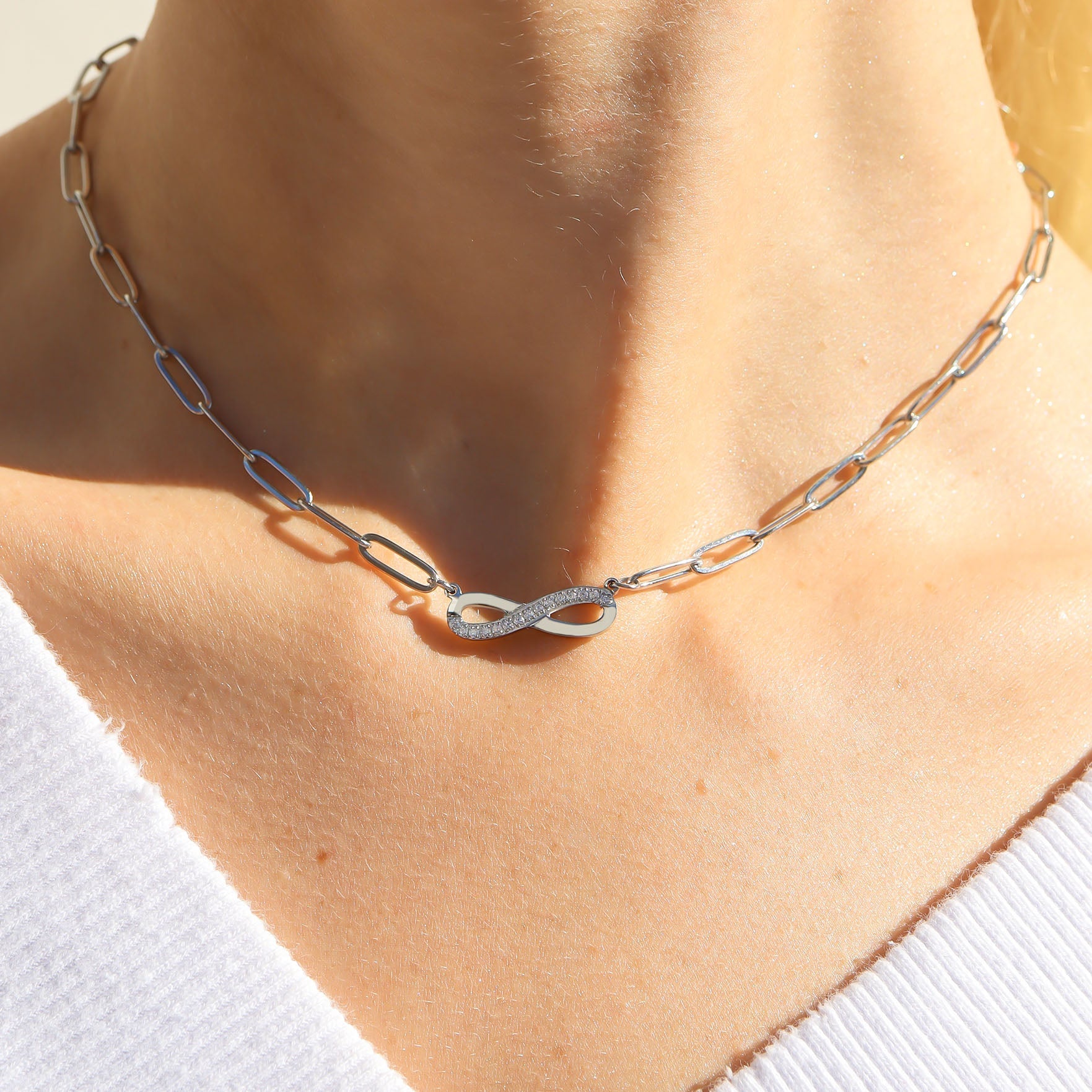 18K Gold PVD Stainless Steel Stone "Infinity" Paperclip Chain Necklace
