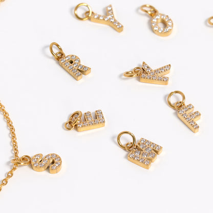 18K Gold PVD Stainless Steel Pave Set CZ Initial Letter Charms