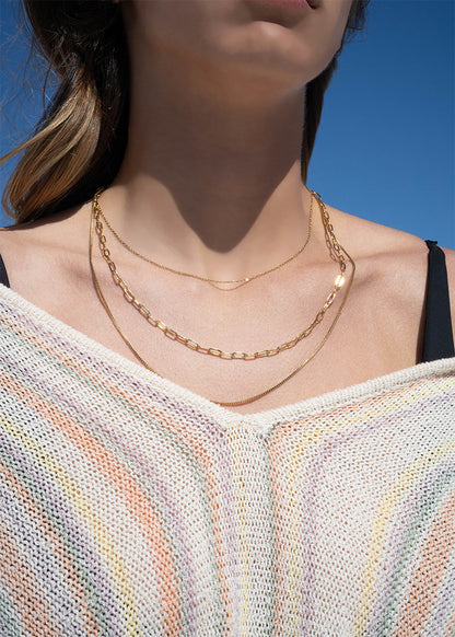 18K Gold PVD Stainless Steel Loop, Box, and Paperclip Layered Chain Necklace