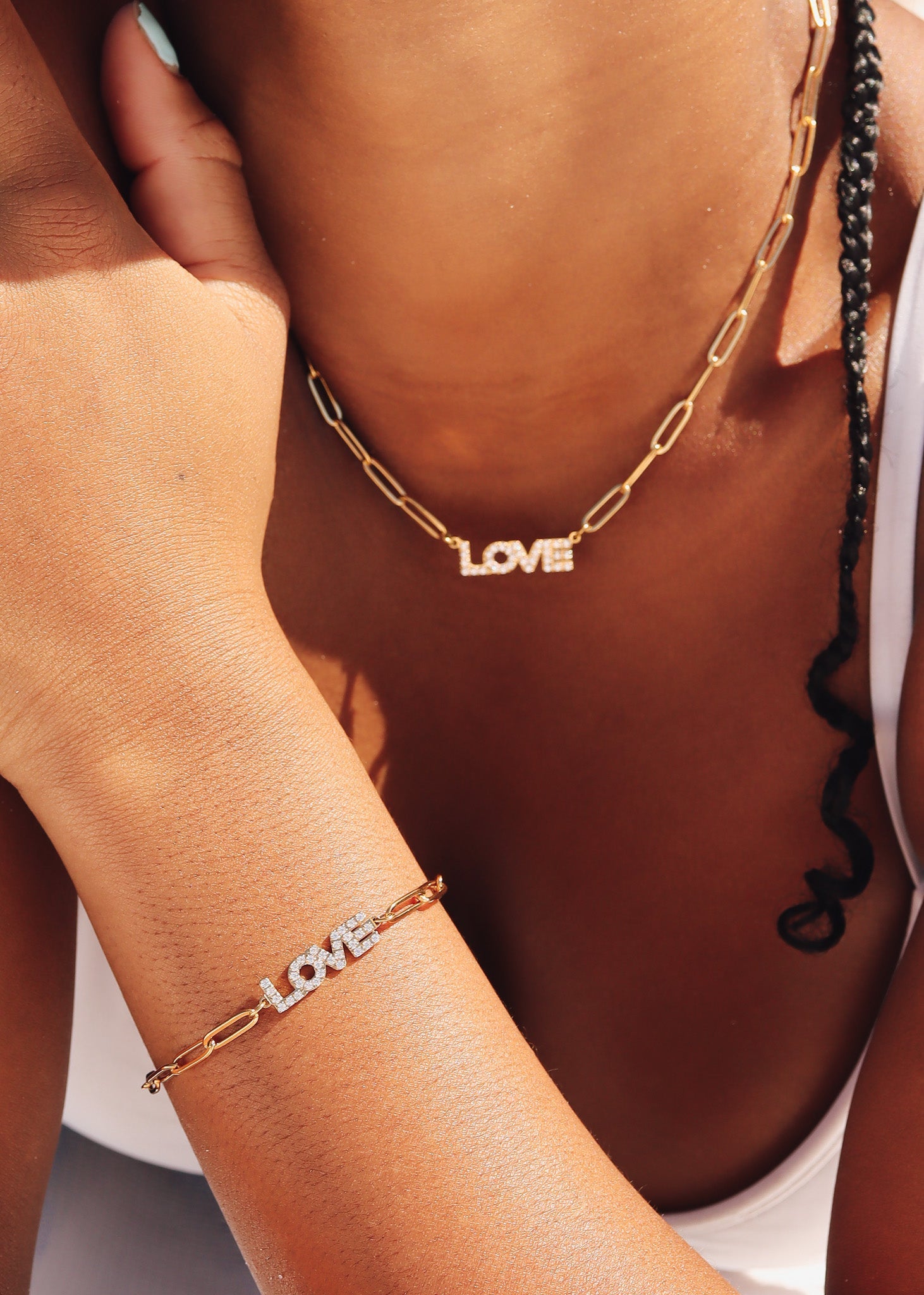 18K Gold PVD Stainless Steel CZ "Love" Paperclip Chain Bracelet