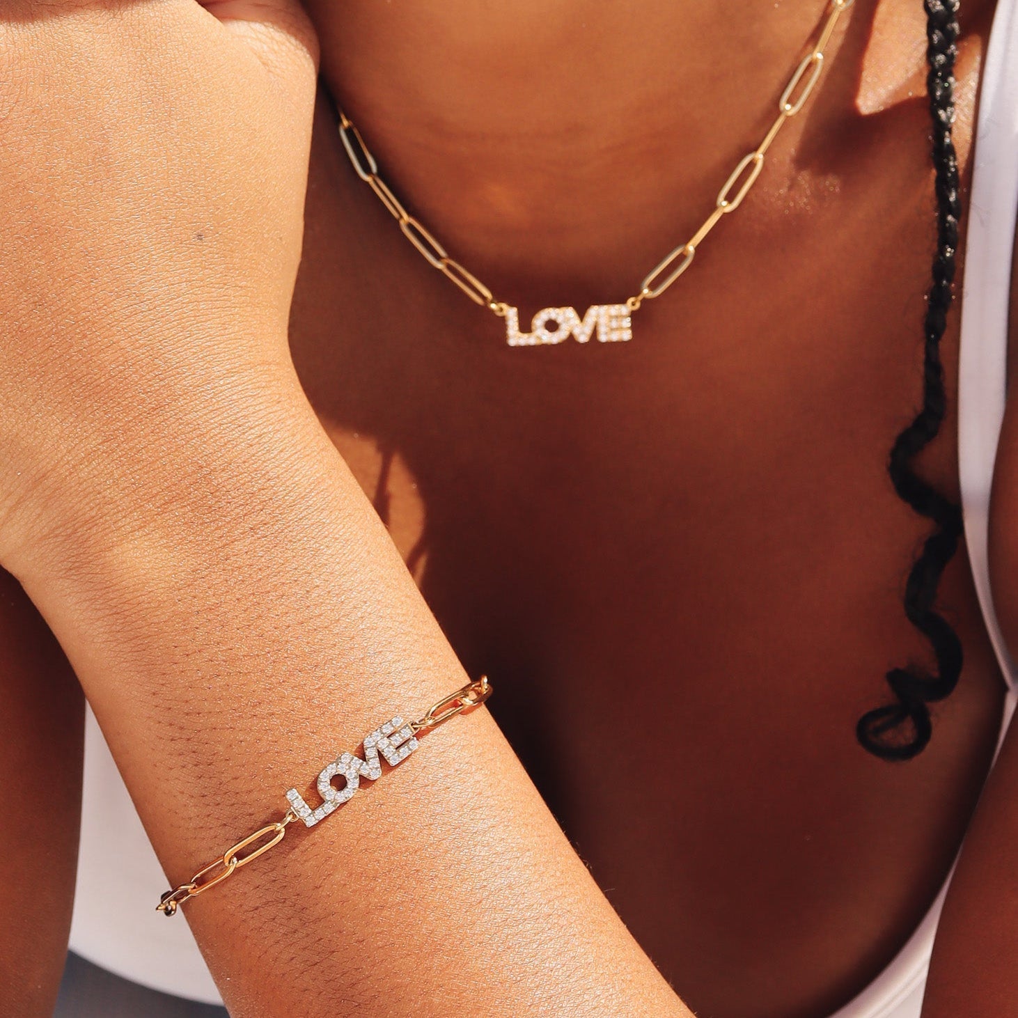 18K Gold PVD Stainless Steel Stone Love Paperclip Chain Set