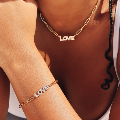 18K Gold PVD Stainless Steel Stone Love Paperclip Chain Set
