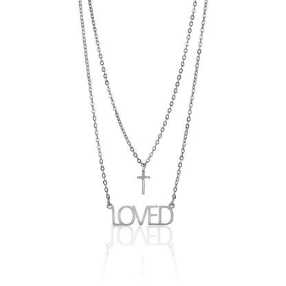 18K Gold PVD Stainless Steel "Loved" Layered Cross Charm Necklace