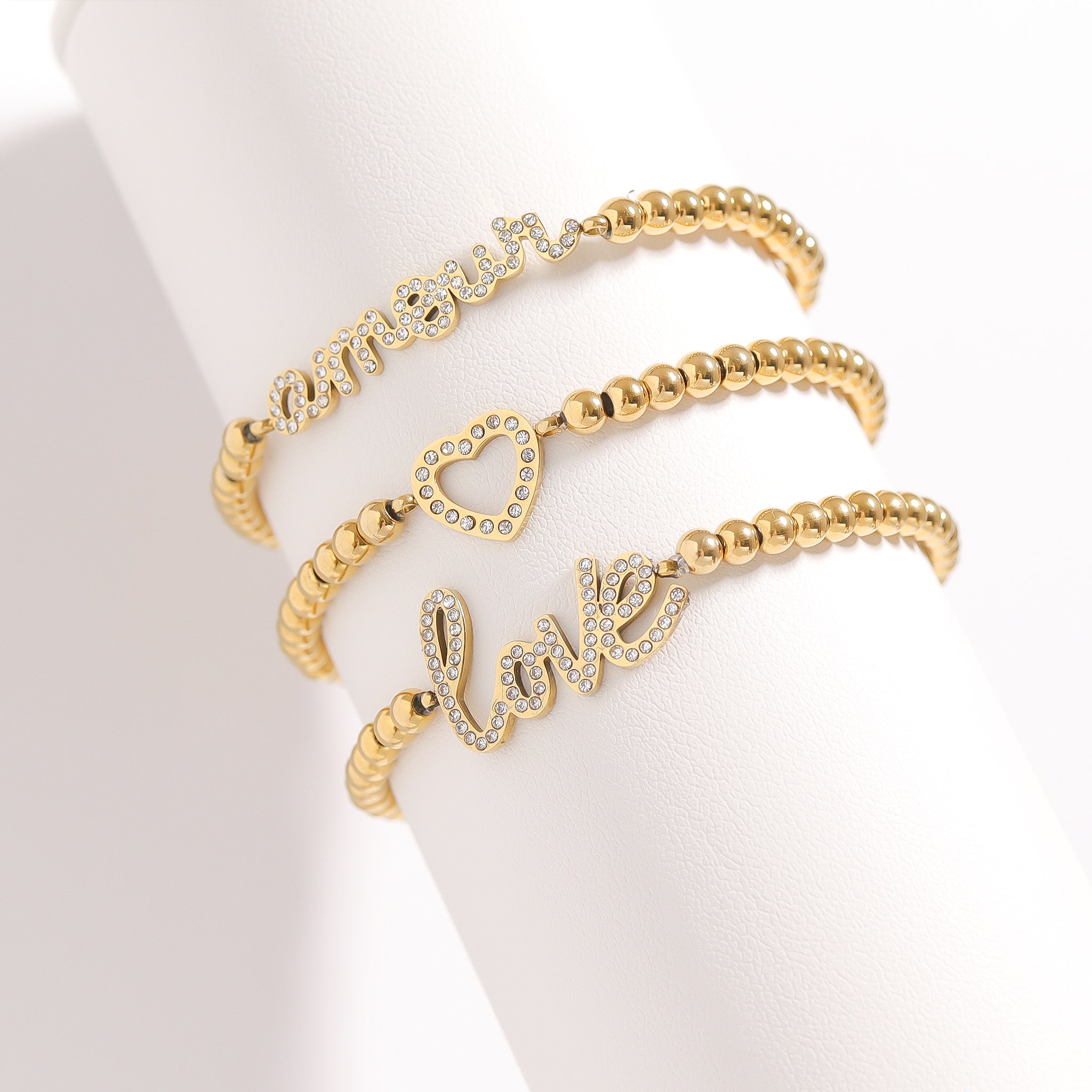 18K Gold PVD Stainless Steel Stone Heart Metal Beaded Stretch Bracelet