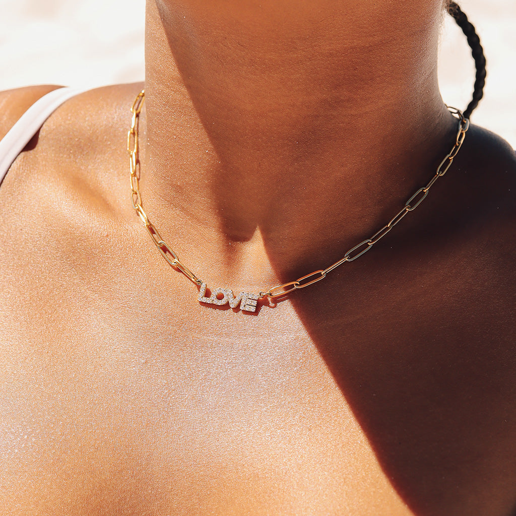 18K Gold PVD Stainless Steel Stone Love Paperclip Chain Set
