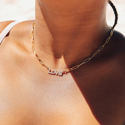 18K Gold PVD Stainless Steel Stone Love Paperclip Chain Set