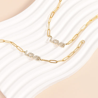 18K Gold PVD Stainless Steel Stone Love Paperclip Chain Set