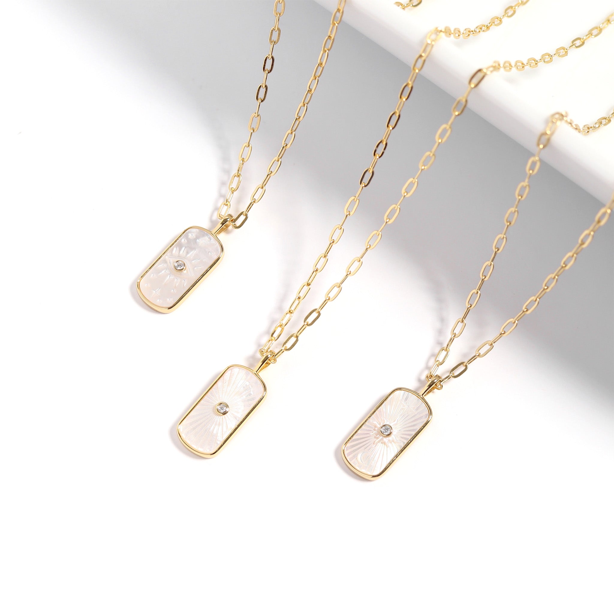 14K Gold Plated Sterling Silver Mother of Pearl Sunburst Mystical Paperclip Chain Necklace