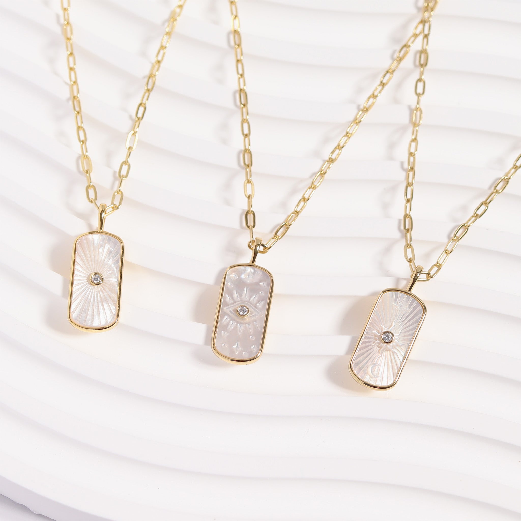 14K Gold Plated Sterling Silver Mother of Pearl Sunburst Mystical Paperclip Chain Necklace