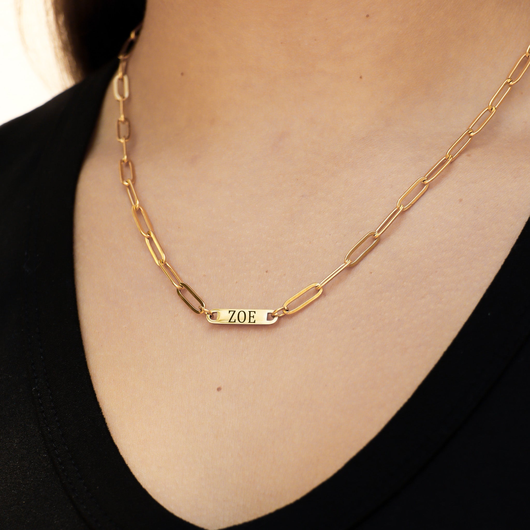 18K Gold PVD Stainless Steel Engravable Paperclip Blank Bar Necklace