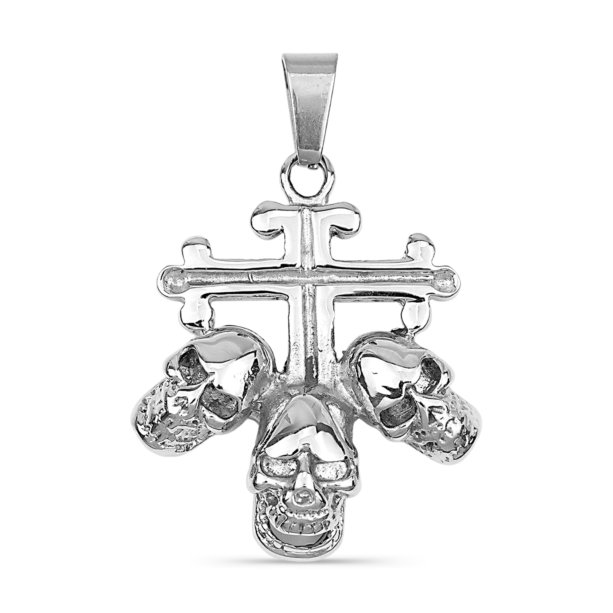 Stainless Steel Triple Skulls On Cross Pendant