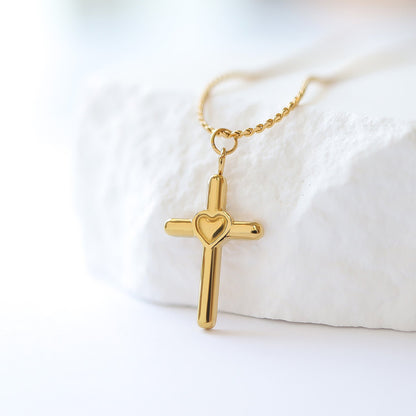 18K Gold PVD Stainless Steel Cross with Heart Charm