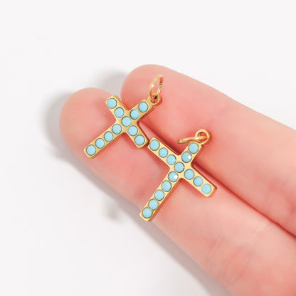 18K Gold PVD Stainless Steel Turquoise Stone Cross Charm