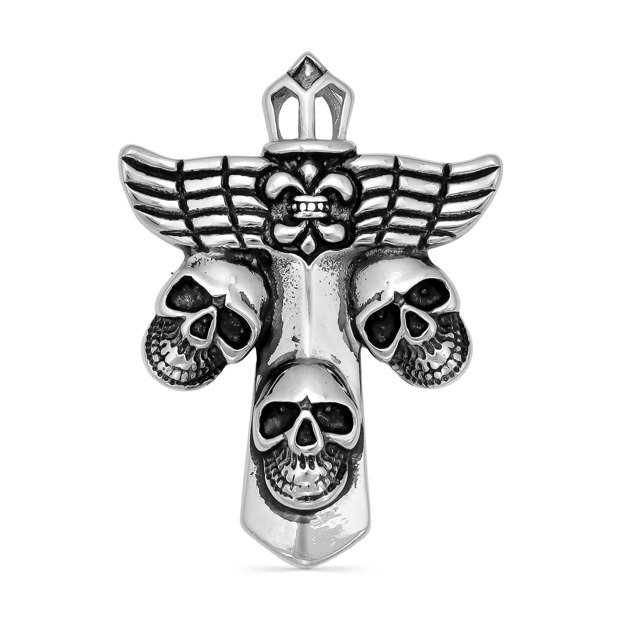Stainless Steel Fleur De Lis Cross With Skulls Pendant
