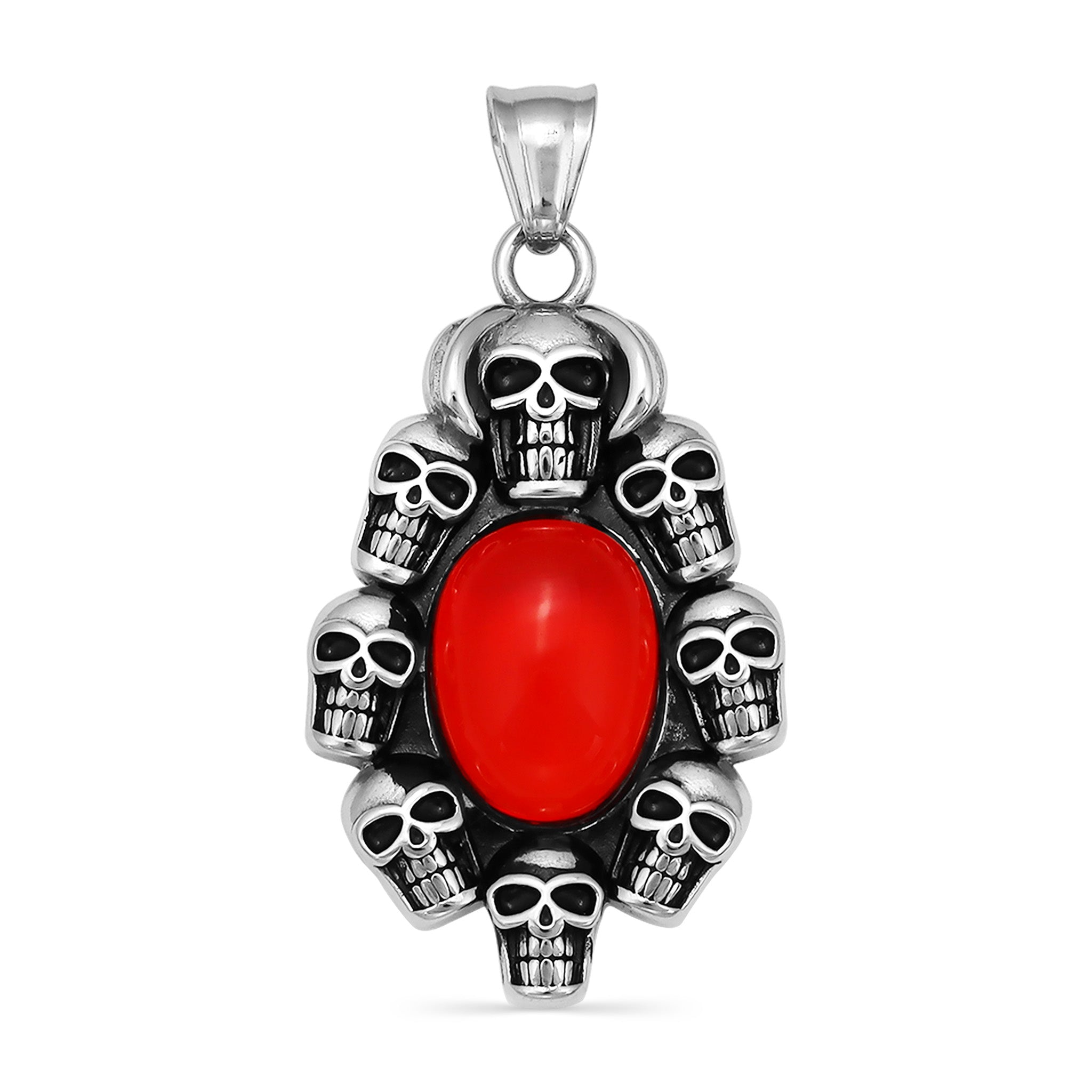 Stainless Steel Skulls With Red Glass Center Pendant