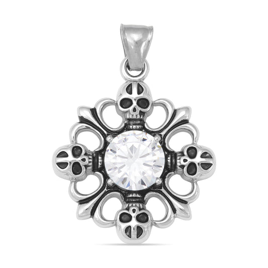 Stainless Steel Fleur De Lis And Skulls With CZ Center Pendant
