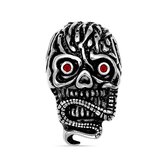 Stainless Steel Red CZ Eyed Skull With Snake Pendant