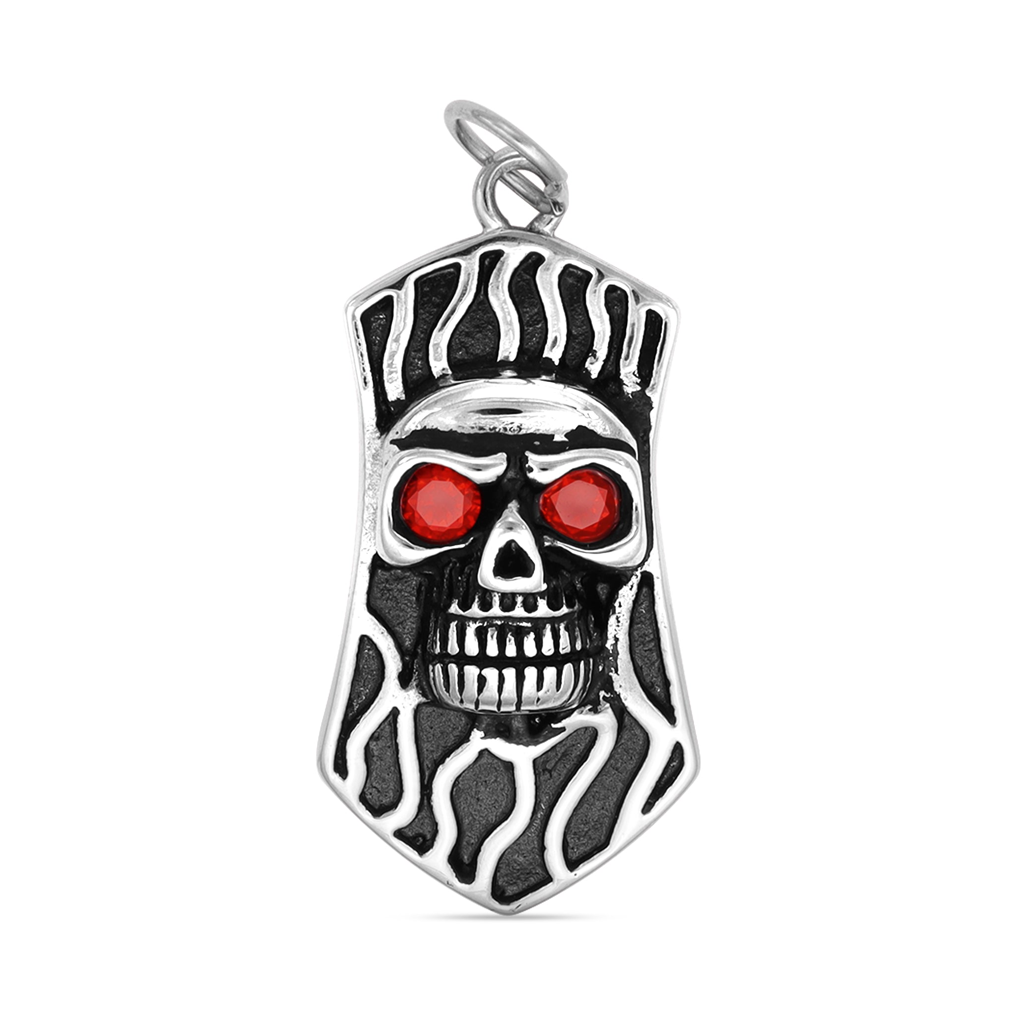 Stainless Steel Red CZ Eyed Skull Shield Pendant