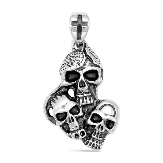 Stainless Steel Three Skulls With Black Cross Pendant