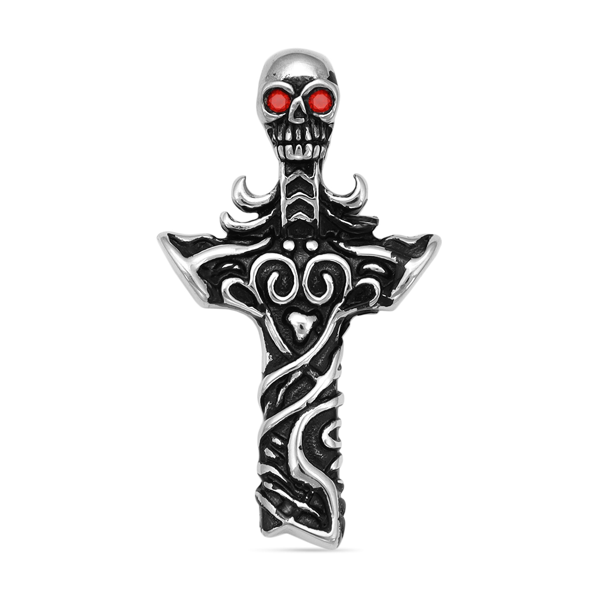 Stainless Steel Red CZ Eyed Skull Cross Pendant