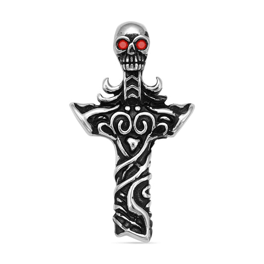 Stainless Steel Red CZ Eyed Skull Cross Pendant