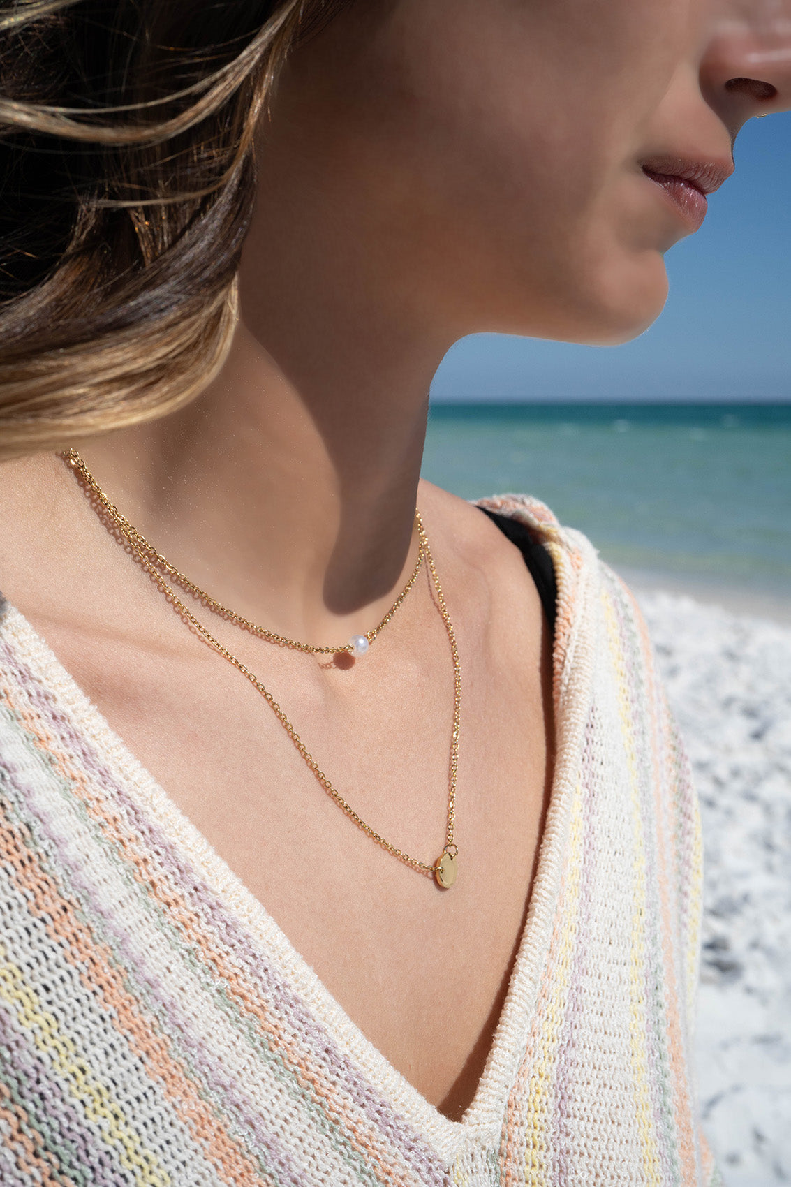 18K Gold PVD Stainless Steel Pearl and Blank Disk Layered Charm Necklace