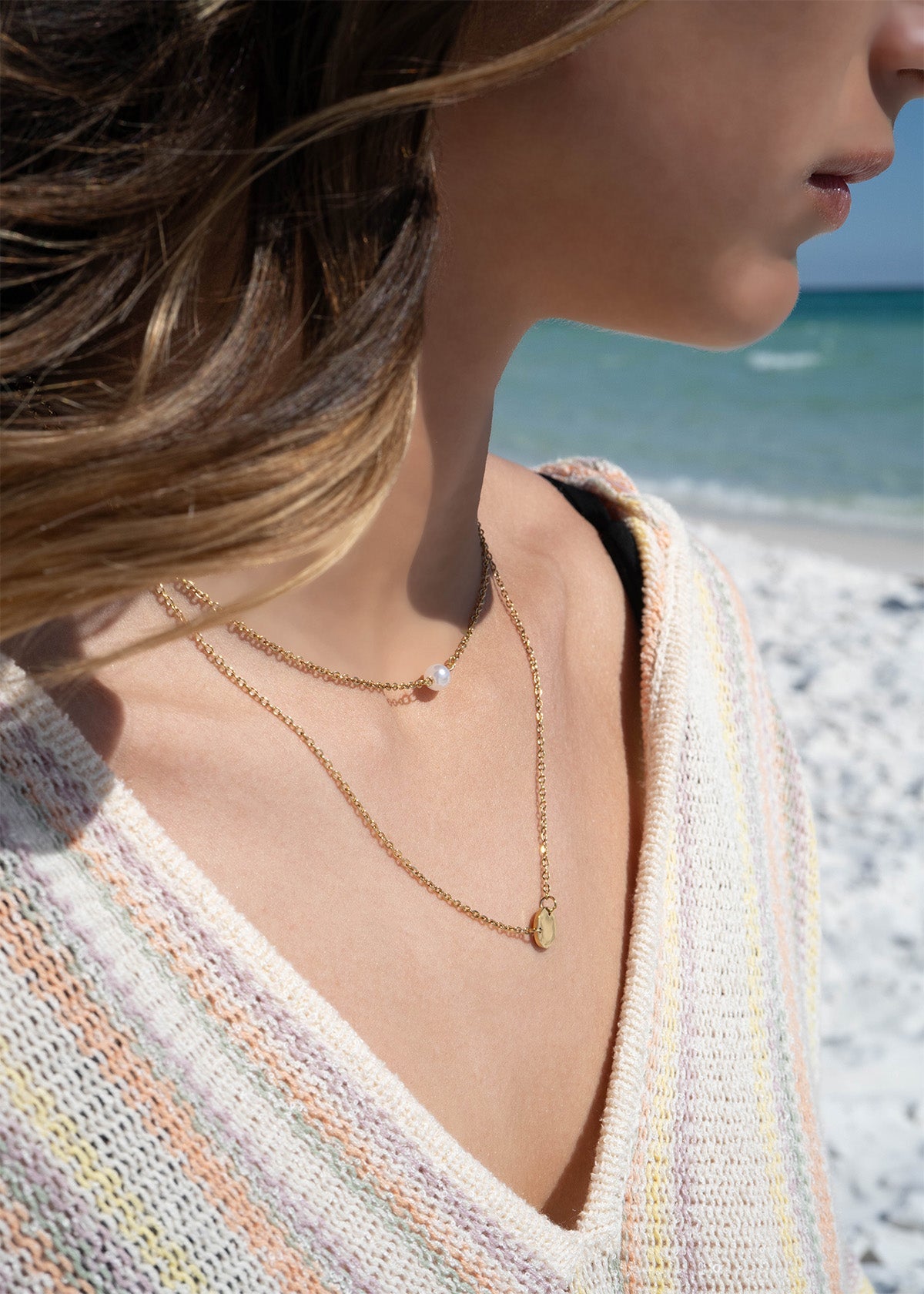 18K Gold PVD Stainless Steel Pearl and Blank Disk Layered Charm Necklace