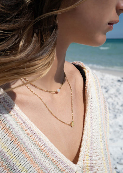 18K Gold PVD Stainless Steel Pearl and Blank Disk Layered Charm Necklace