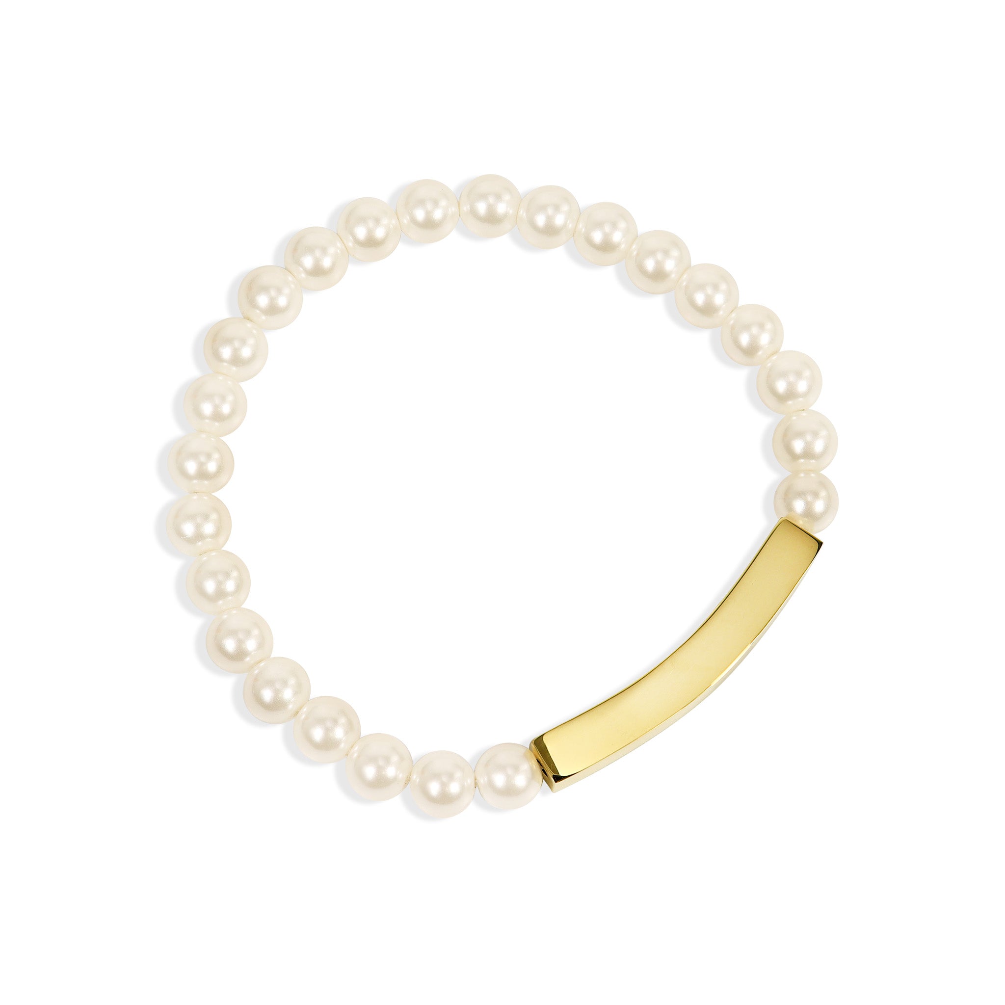 18K Gold PVD Stainless Steel Pearl Engravable Stretch Curved Bar Bracelet