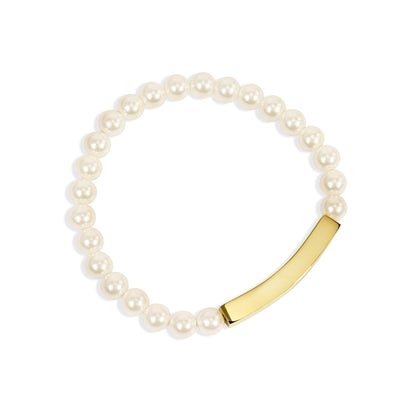 18K Gold PVD Stainless Steel Pearl Engravable Stretch Curved Bar Bracelet