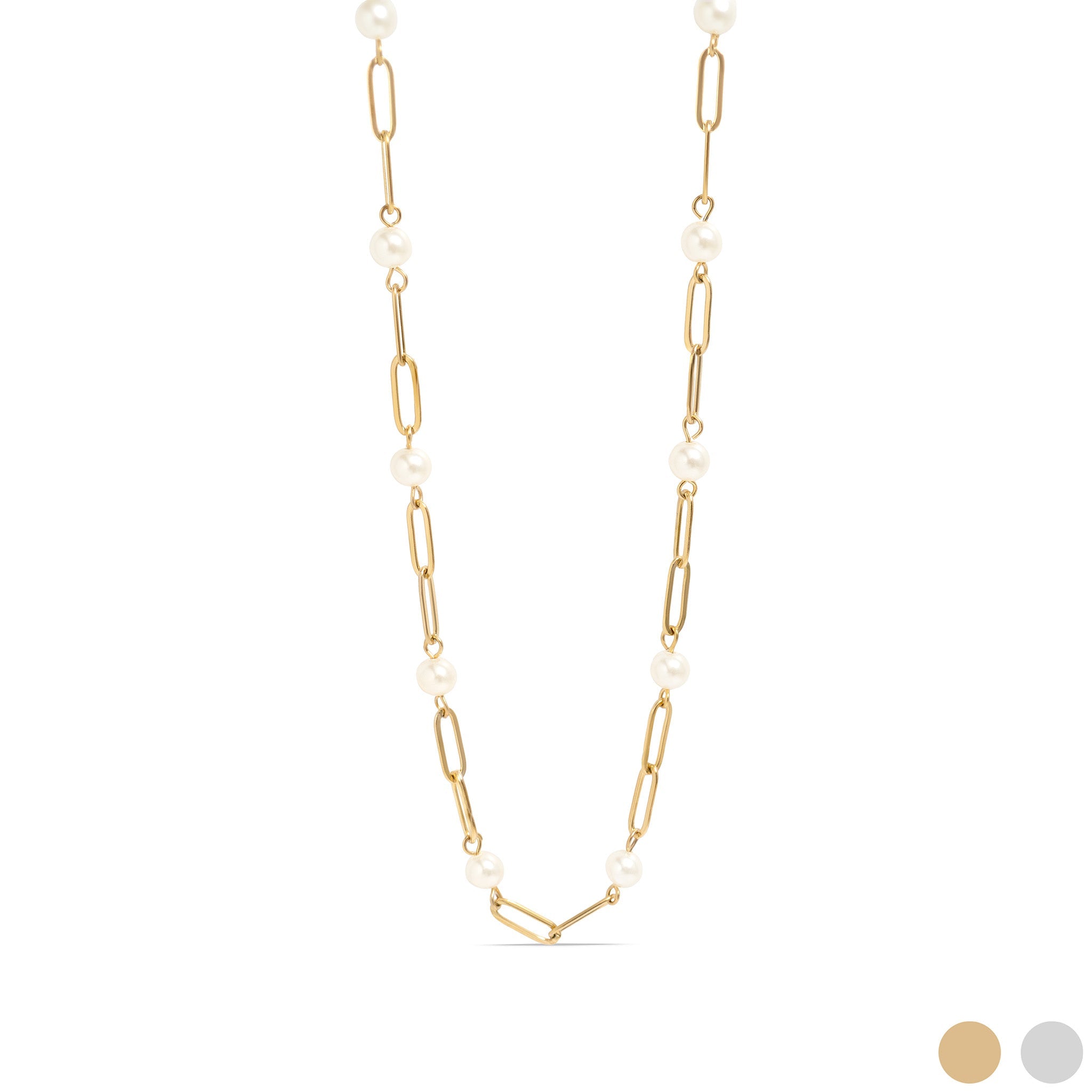 18K Gold PVD Stainless Steel Pearl Station Paperclip Chain Necklace