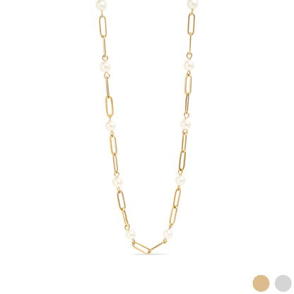18K Gold PVD Stainless Steel Pearl Station Paperclip Chain Necklace